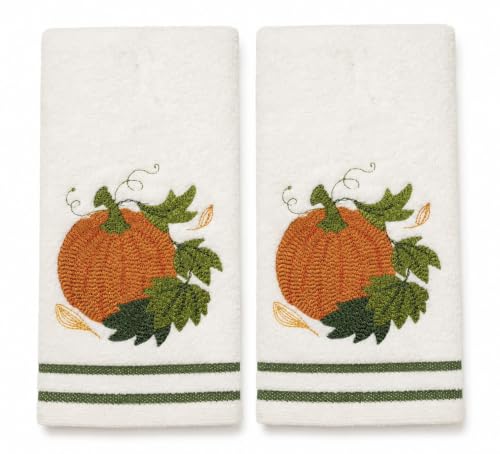 Serafina Home Fall Bathroom Fingertip Towels – Set of 2 Cream White 100% Cotton Embroidered Pumpkin Vine Design – 12” x 18” Decorative Bath & Kitchen Towels - color: Pumpkin Vine Tip