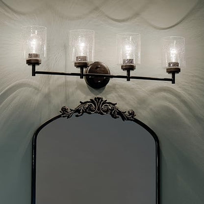 Kichler Winslow 4-Light Farmhouse Vanity Light, Black | Clear seeded glass vanity light with industrial styling (30" x 9.25" x 6.5"), 45887BK - color: Black, size: 30"