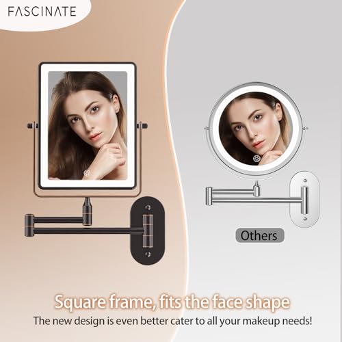 FASCINATE 8.7" 5000mAh Rechargeable Wall Mounted Makeup Mirror (Bronze) | Double Sided 1X 30X Rectangle Wall Mounted Magnifying Mirror with Light, 3 Color Setting, Extended Arm 360° Foldable - color: Bronze a
