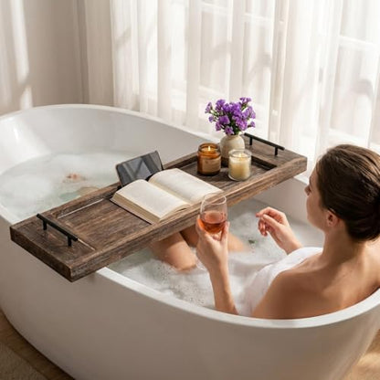 Hanobe Wood Bathtub Tray Bath Caddy with Handles, 31" | Distressed Rustic Finish, Rustic Long Board Shelf Over Tub for Bathroom Decor