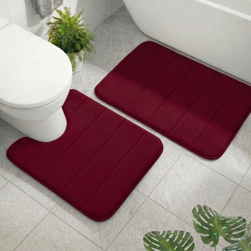 2 Piece Memory Foam Bath Mat Set, Extra Soft Absorbent Bathroom Rugs with U-Shaped Toilet Rug, Non-Slip Backing, Machine Washable, 24x16 + 20x20 U-Shaped, Burgundy - color: Burgundy