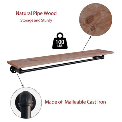 Clothes Rack 48in, Wall Mounted Garment Rack with Real Wood Shelf, Heavy Duty Hanging Clothes Rack, Multi-Purpose Hanging Rod, Space-Saving Closet Storage - color: Brown, size: 1T48IN