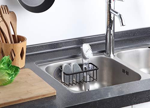 SunnyPoint NeverRust Deluxe Kitchen & Bathroom Sink Sponge Holder Organizer with Adhesive Mount - Additional Suction Cup Included – Sponge & Brush NOT Included – 7.4 x 3.3 x 2.75 Inch (Mat Black) - color: Mat Black, size: 7.4 x 3.3 x 2.75 Inch
