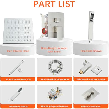 Brushed Nickle Shower System 12 Inch LED Rainfall Shower Head Brass Handheld Combo Set Bathroom Rain Shower Mixer Shower Rough-in Valve Body and Trim Included