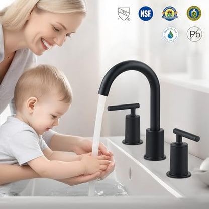 VXV Matte Black Bathroom Faucet 3 Hole Widespread with Easy Installation, 2-Handle 8 Inch Bathroom Sink Faucet 360° Swivel Spout, Pre-Attached Hoses & Drain Included, Vanity Faucet for Bath Sink - color: Luxury Matte Black