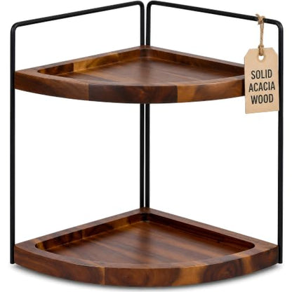 Demigo 2-Tier Corner Bathroom Organizer, Acacia Wood Countertop Shelf | 13.2 x 9.9 in Wooden Corner Shelf for Vanity, Kitchen Counter, Cosmetic & Bathroom Storage, Counter Makeup Organizer