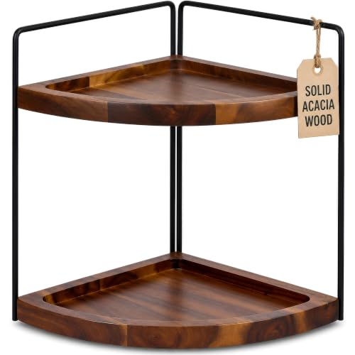 Demigo 2-Tier Corner Bathroom Organizer, Acacia Wood Countertop Shelf | 13.2 x 9.9 in Wooden Corner Shelf for Vanity, Kitchen Counter, Cosmetic & Bathroom Storage, Counter Makeup Organizer