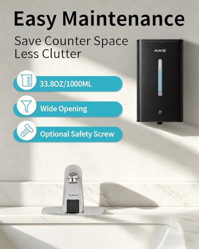 AIKE Automatic Foam Soap Dispenser 33.8oz for Bathroom,Matteblack AK1207FA | Rich Foam and Steel Finish,5-Level Adjustable and Key for Commercial(Battery Not Included),Screw Wall Mount for Space-Saving - color: Matteblack Stainless Steel
