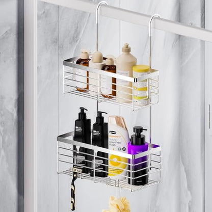 SHANSHUI Shower Hanging Caddy, Double Bathroom Showers Organizer Basket, Shampoo Bracket, Over Door Shower Rack with Hooks, 304 Stainless Steel Rustproof - size: 10.8"D x 4.7"W x 25.9"H