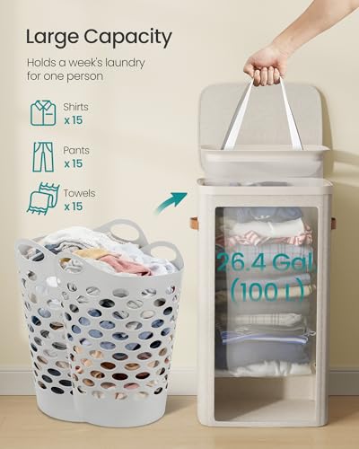 SONGMICS Laundry Basket, 26.4 Gal. Laundry Hamper, Easy Assembly, with Lid and Handles, Removable Liner, 16.5 x 12.6 x 29.5 Inches, Cappuccino Beige ULCB811LH01 - color: Cappuccino Beige, size: 100 L (1-Section)