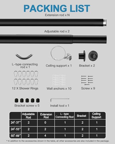 Supforce Curved Shower Curtain Rod, L Shaped Corner Shower Rod [24"-37"] x [24"-37"] Adjustable, Stainless Steel 90 Degree Angled Shower Curtain Rod with 12 Hooks & Ceiling Support, No Sagging