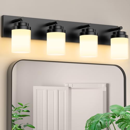 IZORRO Bathroom Vanity Light Fixture, 4-Light 30 Inch Matte Black Bathroom Light Fixtures Over Mirror, with White Glass Shade, Modern Farmhouse Vanity Lights, Rustic Restroom Lighting Fixtures - color: Black-White Glass Shade, size: 30 inch-4-Light