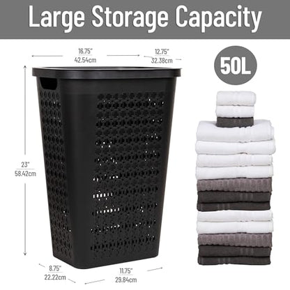 Mind Reader Slim Tapered Laundry Hampers with Lid, Clothes Basket with Swiss Cross Cut-Outs, Lightweight & Ventilated, Plastic, Set of 2, Black - color: Black