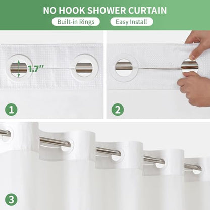 eachope No Hook Waffle Weave Shower Curtain with Snap-in Fabric Liner Set,White Shower Curtains for Bathroom with See Through Top Window,Water Repellent & Washable,71Wx74H | Bath Curtain with Snap-in Liner & See-Through Top Window,Water Repellent & Washab