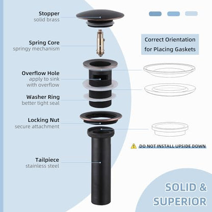 Angle Simple Bathroom Sink Stopper Oil-Rubbed Bronze, Pop Up Sink Drain | Only for Sink with Overflow Hole, Brass Stopper with Stainless Steel Tailpiece, Fit 1.61 to 2 Inches Diameter of Drain Hole - color: Oil-rubbed Bronze