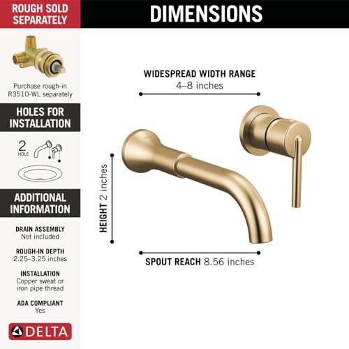 Delta Trinsic Wall Mount Bathroom Faucet 2 Hole, Brushed Gold Bathroom Sink Faucet for Vanity, Champagne Bronze T3559LF-CZWL