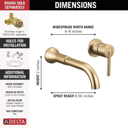 Delta Trinsic Wall Mount Bathroom Faucet 2 Hole, Brushed Gold Bathroom Sink Faucet for Vanity, Champagne Bronze T3559LF-CZWL