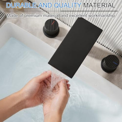 becola Black Bathroom Faucet 3 Hole, 8 inch Widespread Bathroom Faucet with Top Storage, Waterfall Bathroom Faucet，2-Handle Modern Vanity Faucet with Adjust Knobs and Two Supply Lines - color: Matte Black