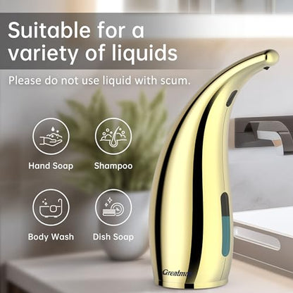 Touchless Liquid Soap Dispenser, 300 mL, Gold, Rechargeable | Magnetic charging, 4 adjustable 0.4–3 mL output levels, IP65 splash protection and 10-second self-cleaning mode - color: Polished Gold