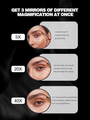 Macaki 5X/20X/40X Magnifying Mirror with Suction Cups and Tweezers Set, 3.5 inches Travel Magnified Makeup Mirror, Black, 3PCS - color: Black-5x&20x&40x