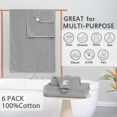 VOOVA & MOVAS 6PC Towel Set, 100% Cotton, Gray | 2 Large Bath 30x56 In, 2 Hand 18x28 In, 2 Washcloths 13x13 In, Quick Dry, Thick, Soft, Bathroom Essentials - color: Gray, size: 6 PC Bathroom Towel Set