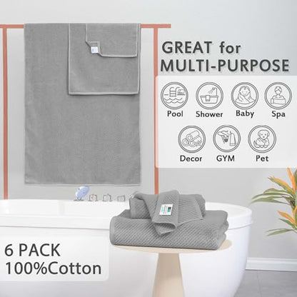 VOOVA & MOVAS 6PC Towel Set, 100% Cotton, Gray | 2 Large Bath 30x56 In, 2 Hand 18x28 In, 2 Washcloths 13x13 In, Quick Dry, Thick, Soft, Bathroom Essentials - color: Gray, size: 6 PC Bathroom Towel Set