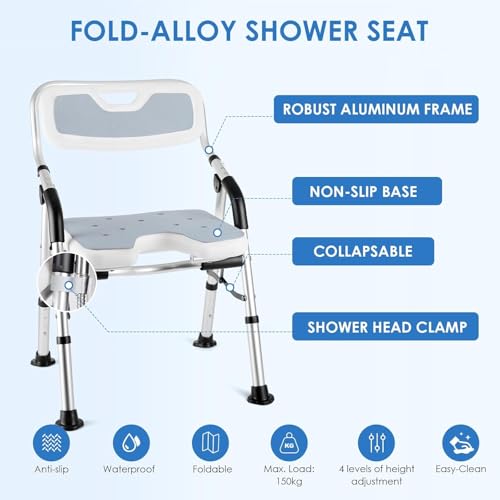 DEWEL Foldable Shower Chair for Elderly and Disabled, Folding Shower Seat with Armrests and Back Height Adjustable, Aluminum Alloy Bath Seat for Inside Shower, 330lbs Capacity(Gray) - color: Gray