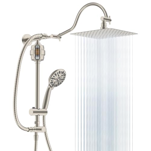 Hibbent Metal 10'' Filtered Rainfall Shower Head Combo, High Pressure Easy Reach Shower Head System, Handheld Showerhead, Adjustable Holder, 18'' Extension Arm, Shower Filter, 7-spray, Brushed Nickel - color: Brushed Nickel