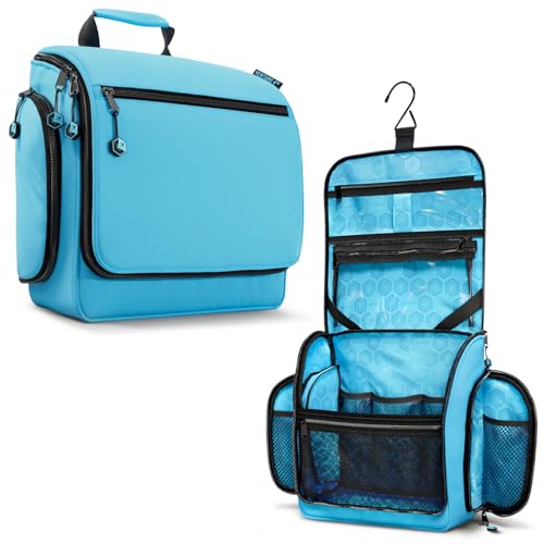 VENTURE 4TH Hanging Travel Toiletry Bag 18 Compartments - Tiffany Blue | Hangs on rails, hooks or doors; stands upright. Removable TSA pouch. Water-resistant Nylon 290D Twill, reinforced stitching. - color: Tiffany Blue