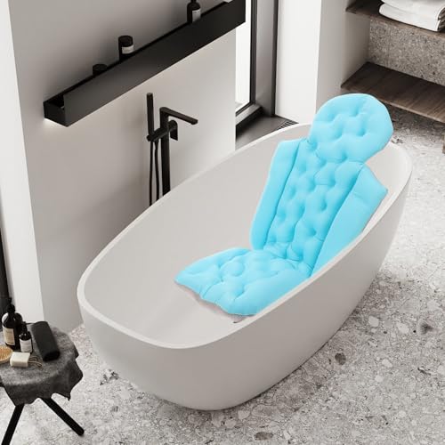 Ciieeo Adult Bath Cushion and Non-Slip Bathtub Mat with Suction Cups, Full Body Bath Pillow Headrest for Neck and Back Support, Blue for Relaxing Bathtub Use