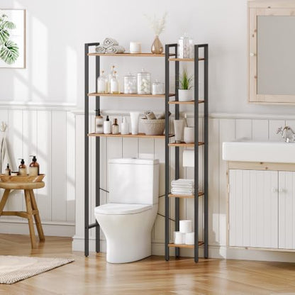 HOOBRO Over The Toilet Storage, 8-Tier Bathroom Organizer Over Toilet Shelf, Storage Rack Above Toilet Stand, Freestanding Space Saver, Toilet Paper Holder, Rustic Brown and Black BF86TS01