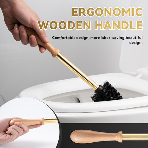 Gold Duck Toilet Brush and Holder Set,Non-Slip Handle Toilet Bowl Brush with Wooden & Stainless SteelHandle, Practical Bathroom Accessories Cleaning Tools Set，1 pcs - color: Gold
