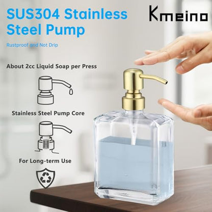 Square Clear Glass Dish Soap Dispenser Set 2 Pack, Brushed Gold Refillable Hand Soap Dispenser with Rust Proof Stainless Steel Pump 2 x 13.5 oz Lotion Dispenser for Bathroom Vanity Kitchen - color: Gold, size: 2X13.5oz-Square
