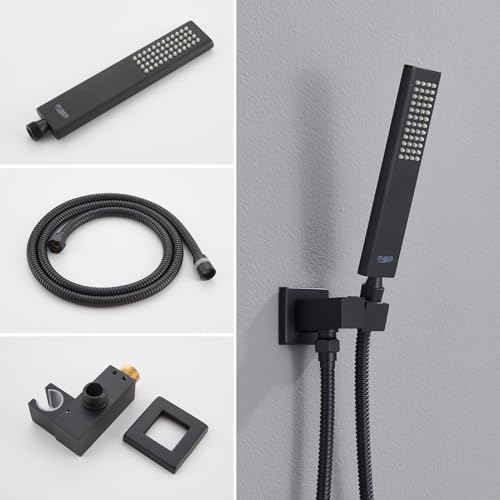 Iriber Mattle Black Square Rain Shower System with 4 PCS Body Jets 3 Function Shower Faucet Set Contain 12 Inch Shower Head and Handheld Wall Mounted Pressure Balance Shower Trim Kit (Valve Included) - color: Matte Black 03