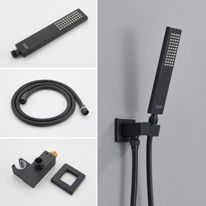 Iriber Mattle Black Square Rain Shower System with 4 PCS Body Jets 3 Function Shower Faucet Set Contain 12 Inch Shower Head and Handheld Wall Mounted Pressure Balance Shower Trim Kit (Valve Included) - color: Matte Black 03