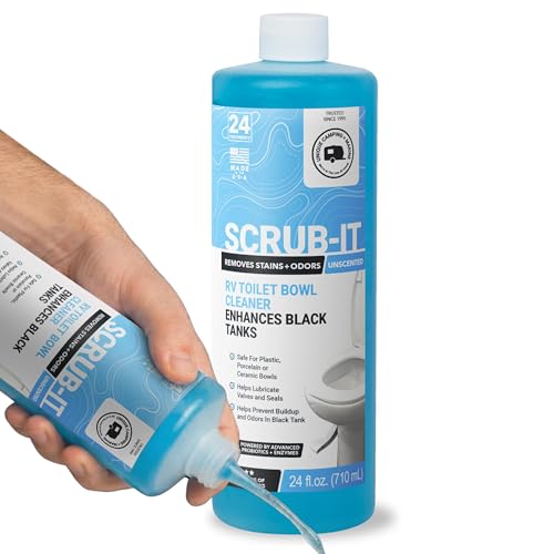 Unique Scrub-It Liquid RV Toilet Bowl Cleaner, Helps Lubricate Seals, 24 oz | Targeted squirt-top bottle for RV toilet bowls, cleans stains, odors, & debris; non-caustic formula; unscented - size: 24 Fl Oz (Pack of 1)
