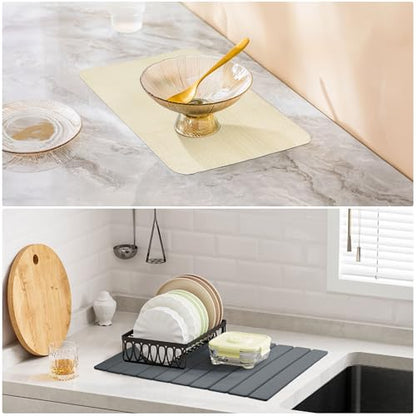 Large Stone Dish Drying Mat for Kitchen Counter, 24''x16'' Quick Dry Stone Dishes Mat, Foldable & Absorbent Diatomaceous Earth Dish Dryer Pad (Grey)