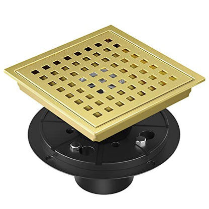 EXF Square Shower Drain Brushed Gold 6-Inch with ABS Flange, Hair Catcher | 304 Stainless Steel, Removable Grid Grate, Anti-Clog, Anti-Rust, Easy Clean, Adjustable Height - color: Gold, size: 6IN