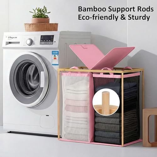efluky Laundry Hamper with Lid, Double Laundry Basket with 2 Removable Bags, 2 Section Laundry Bin with Bamboo Handles for Bathroom, Bedroom & Laundry Room, 140L (36.9 Gallon) Pink - color: Pink, size: 140L Dual