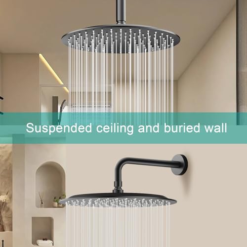 All Metal Rain Shower Head - Heavy Duty Stainless Steel, Easy Install, High Water Flow, Ultra-Thin Modern Design for Bathroom (D-Matte Black, 12) - color: D-Matte Black, size: 12