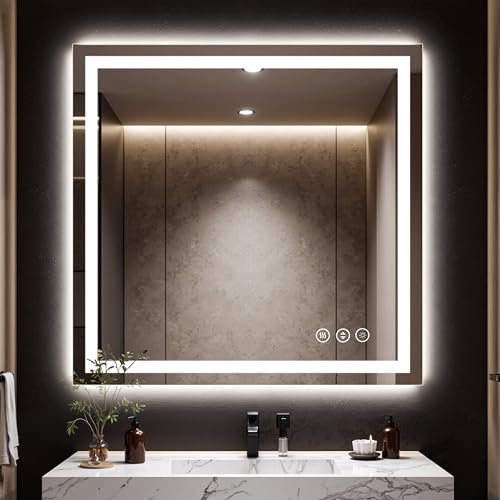 48x48 LED Bathroom Mirror with Anti-Fog, Backlit & Front Lit, Memory | Stepless Dimmable 3 Color CRI 95+ Shatterproof Tempered Glass ETL Listed for Safety Lighted Bathroom Vanity Mirror for Wall - size: 48"L x 48"W