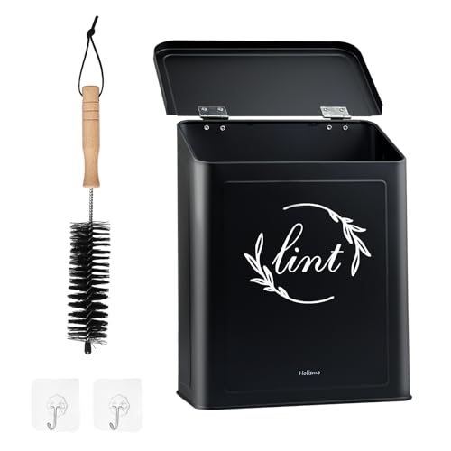 Magnetic Lint Bin for Laundry Room, Metal Lint Trash Can for Dryer | Metal construction, magnetic or wall-mounted, includes lint brush, flip lid, space-saving for laundry rooms, black finish - color: Black
