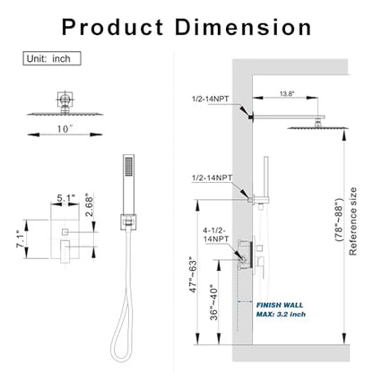 10" Rain Gold Shower System with Handheld & Valve, Brushed Gold | Wall-Mounted High-Pressure Shower Faucet Combo Set, 10-Inch Rain Shower Head with Handheld Spray,Includes Valve and Trim Kit - color: Brushed Gold 10