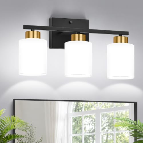 Black and Gold Bathroom Vanity Light Fixtures, 3-Light Modern Bathroom Wall Light with Frosted White Glass Shades, Vanity Light Over Mirror, E26 Base, Bathroom Lighting for Mirror (Bulbs Not Included) - color: Black and Gold & Milk Glass, size: 3-light
