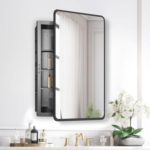 17x27 Medicine Cabinet with Mirror, Black Metal, Recessed or Surface Mount | 3 adjustable metal shelves, soft-close reversible door, 95% assembled; cutout 14.76"W x 21.69"H x 3.66"D - color: Black - Metal, size: 17"L x 27"W