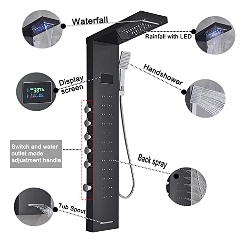 Split Shower Panel Tower System, Stainless Steel 5 in 1 Shower Column with LED Rainfall Waterfall Shower Head, Water Temperature Display and Body Jets,Black - color: Black