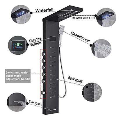 Split Shower Panel Tower System, Stainless Steel 5 in 1 Shower Column with LED Rainfall Waterfall Shower Head, Water Temperature Display and Body Jets,Black - color: Black