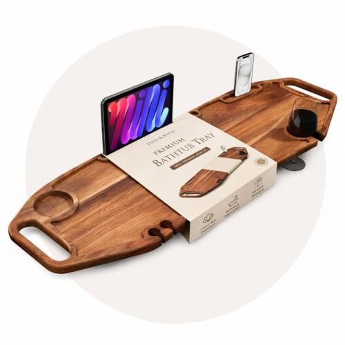 Lush & Style Premium Bathtub Tray Large 35x10 Inch, Acacia Wood Luxury, Waterproof, Non-Toxic, Adjustable Legs, No Tools Required,Caddy Tray,New Home Essenials Make sure to measure before 35 Inch Long