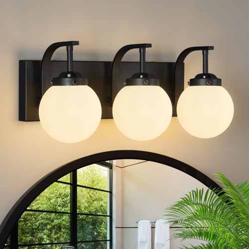3 Lights Bathroom Vanity Light Fixtures Modern Sand Black Vanity Light with Milk White Glass Globe Shade Bathroom Lighting Over Mirror Wall Sconce for Bedroom Living Room Hallway - color: Sand Black, size: M Size Shade-3 Lights