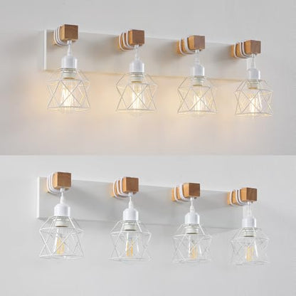 Farmhouse Vanity Light Fixture,4-Light Bathroom Lighting,White Modern Wood Wall Light Over Mirror with Metal Shade,LED Bulbs Not Included - color: White, size: 4-Light-Wide 28"